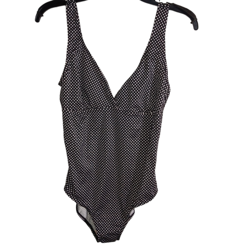 NWT Black And White Polka Dot One Piece Plunging Neck Bathing Suit Size 10